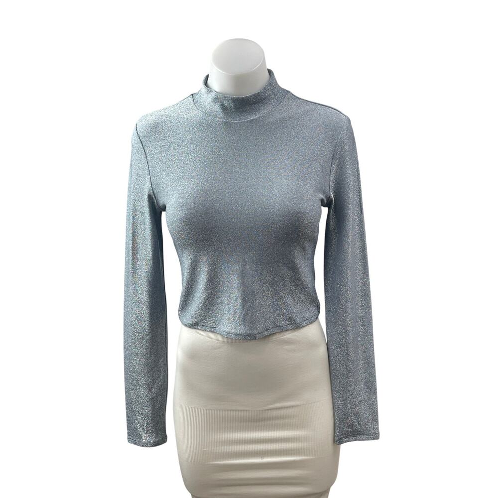 Reformation Bailey Women's Blue Glitter Mock Neck Long Sleeve Crop Top Size M